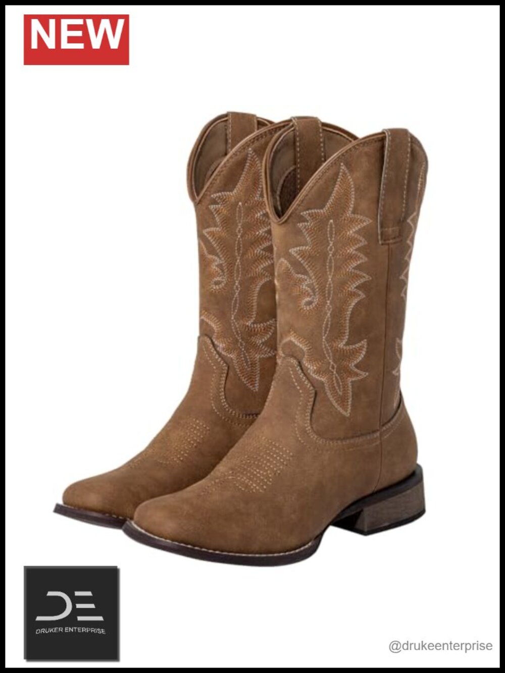 Women Square Toe Western Cowboy Boots PU Leather Mid-Calf Block Heel